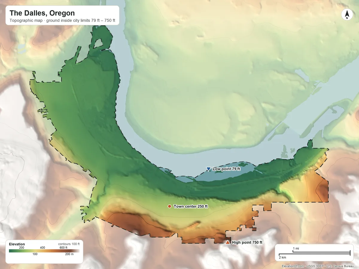 Topographic elevation map of The Dalles, Oregon, shaded from 79 ft on the northeast side to 750 ft on the southeast edge, below higher ground just outside