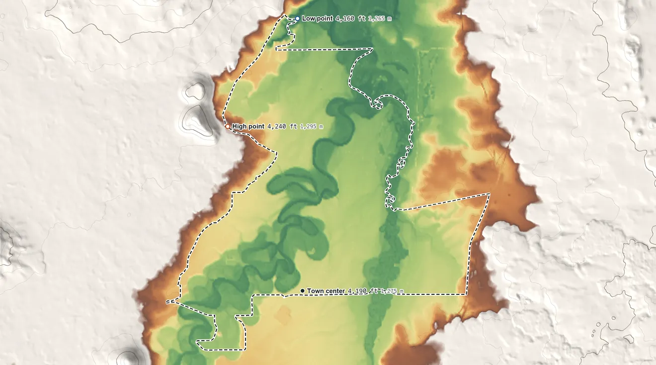 Topographic elevation map of Three Rivers, Oregon, shaded from 4,160 ft on the north side to 4,240 ft on the northwest edge, below higher ground just outside
