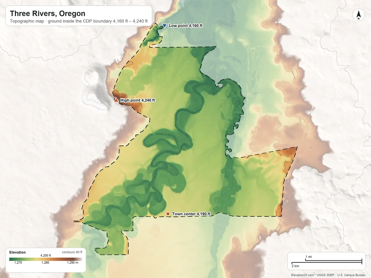 Topographic elevation map of Three Rivers, Oregon, shaded from 4,160 ft on the north side to 4,240 ft on the northwest edge, below higher ground just outside