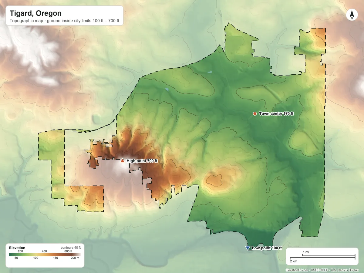 Topographic elevation map of Tigard, Oregon, shaded from 100 ft on the south side to 700 ft on the west edge, below higher ground just outside