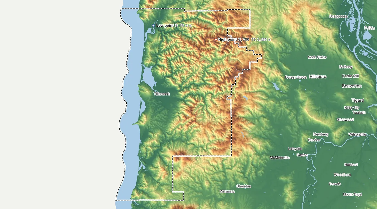 Topographic elevation map of Tillamook County, Oregon, shaded from sea level on Nehalem Bay to 3,700 ft on Rogers Peak
