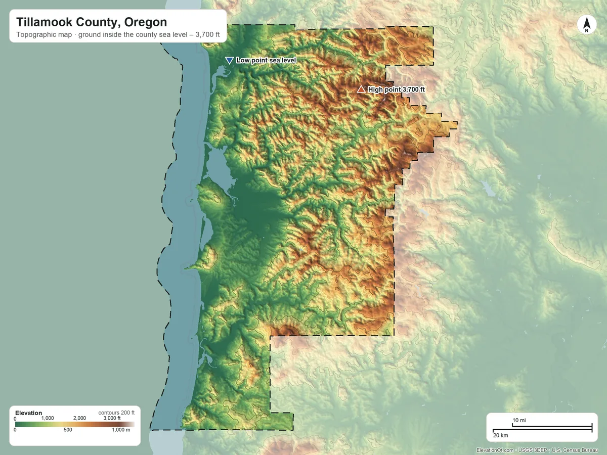 Topographic elevation map of Tillamook County, Oregon, shaded from sea level on Nehalem Bay to 3,700 ft on Rogers Peak