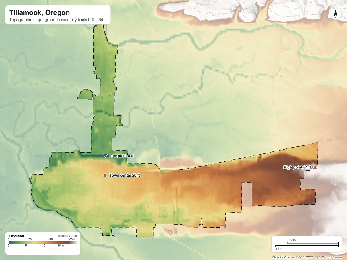 Topographic elevation map of Tillamook, Oregon, shaded from 0 ft near the middle to 64 ft on the east edge, below higher ground just outside