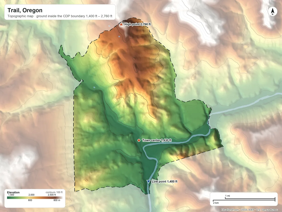 Topographic elevation map of Trail, Oregon, shaded from 1,400 ft on the south side to 2,760 ft on the north edge, below higher ground just outside
