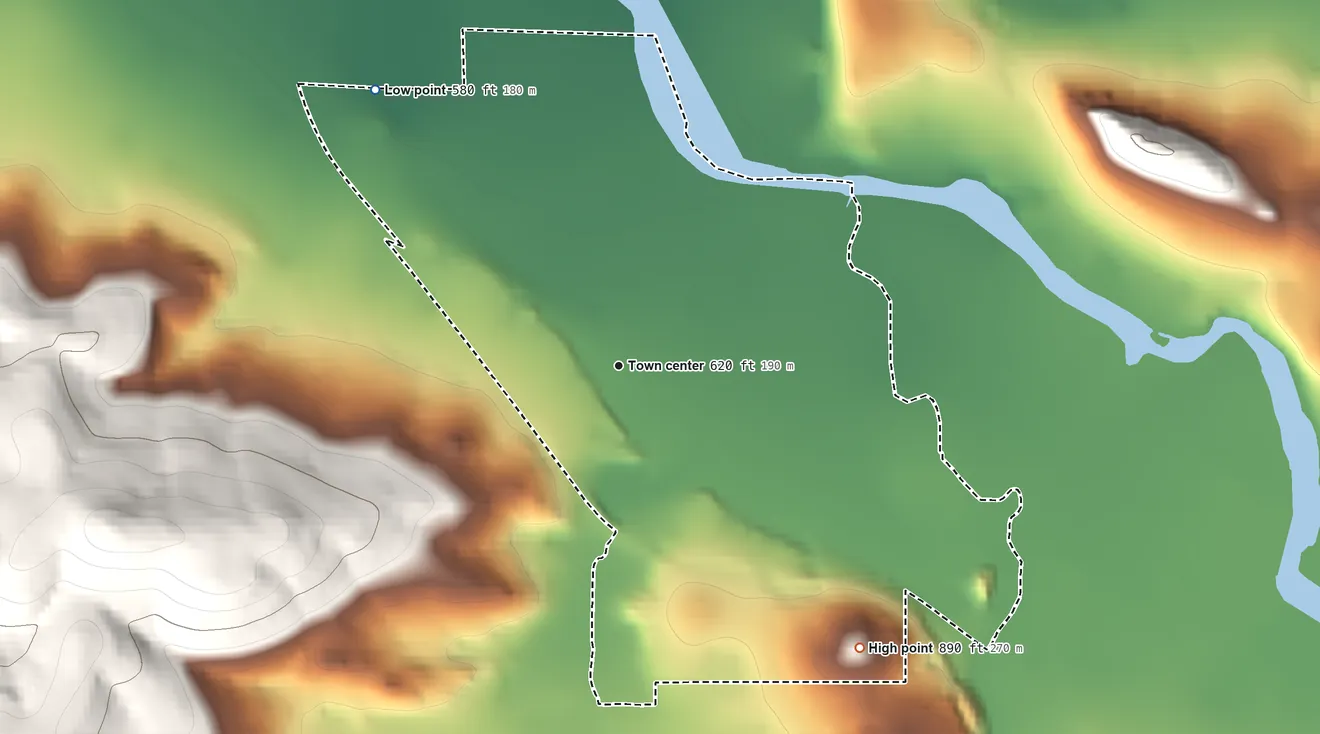 Topographic elevation map of Trent, Oregon, shaded from 580 ft on the northwest side to 890 ft on the southeast edge, below higher ground just outside
