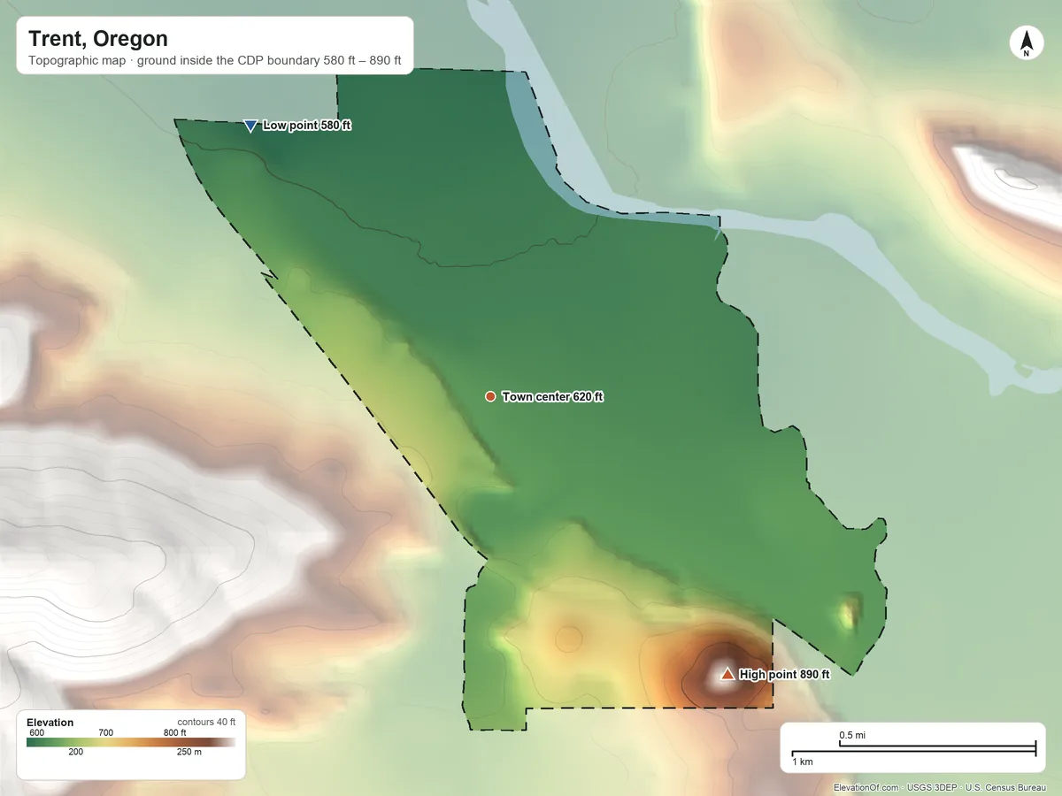 Topographic elevation map of Trent, Oregon, shaded from 580 ft on the northwest side to 890 ft on the southeast edge, below higher ground just outside