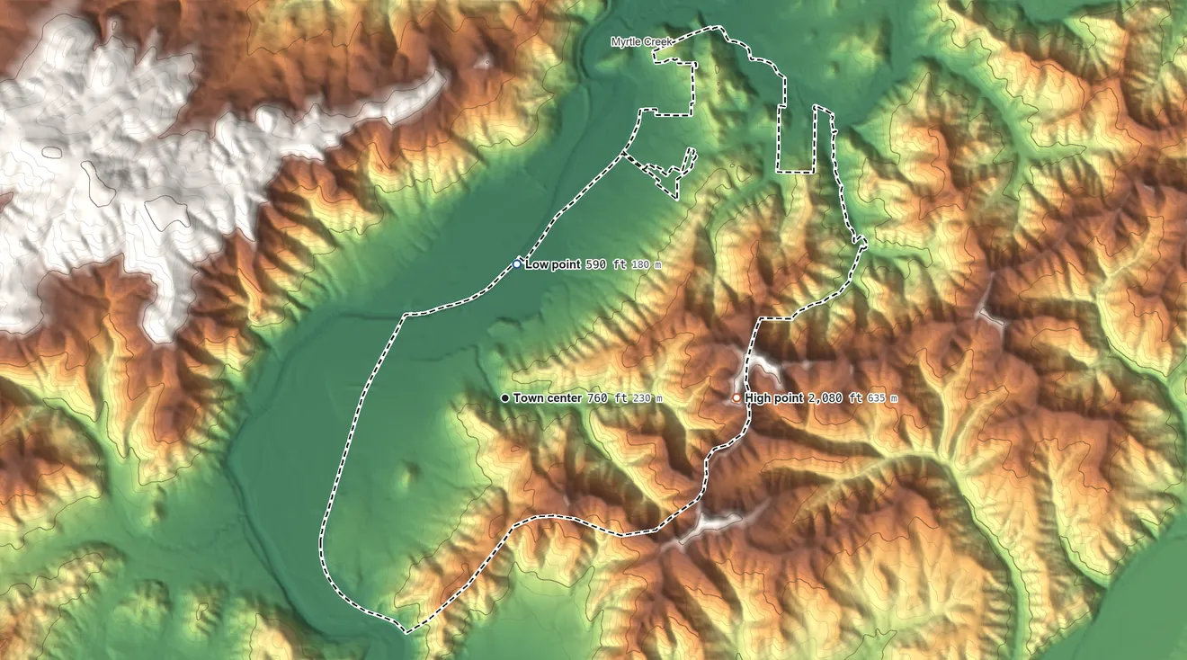 Topographic elevation map of Tri-City, Oregon, shaded from 590 ft on the north side to 2,080 ft on the east side
