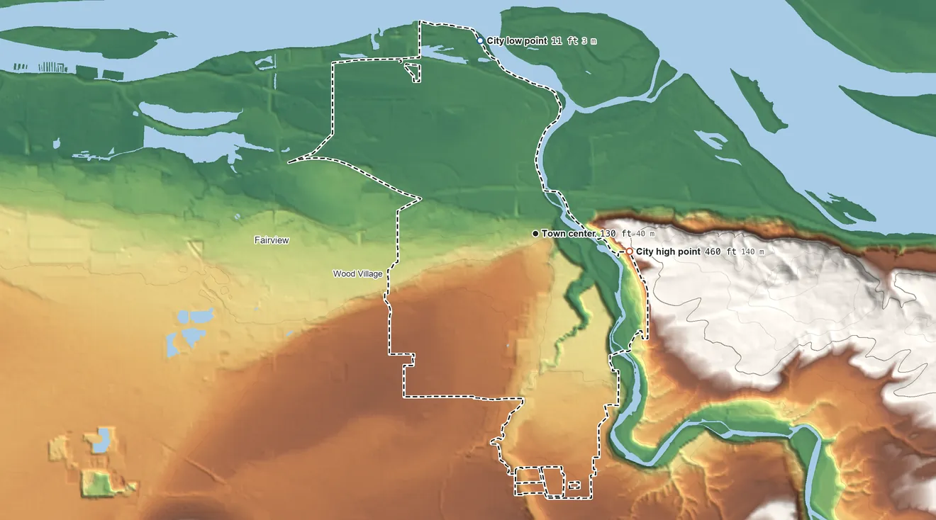 Topographic elevation map of Troutdale, Oregon, shaded from 11 ft on the north side to 460 ft on the east edge, below higher ground just outside