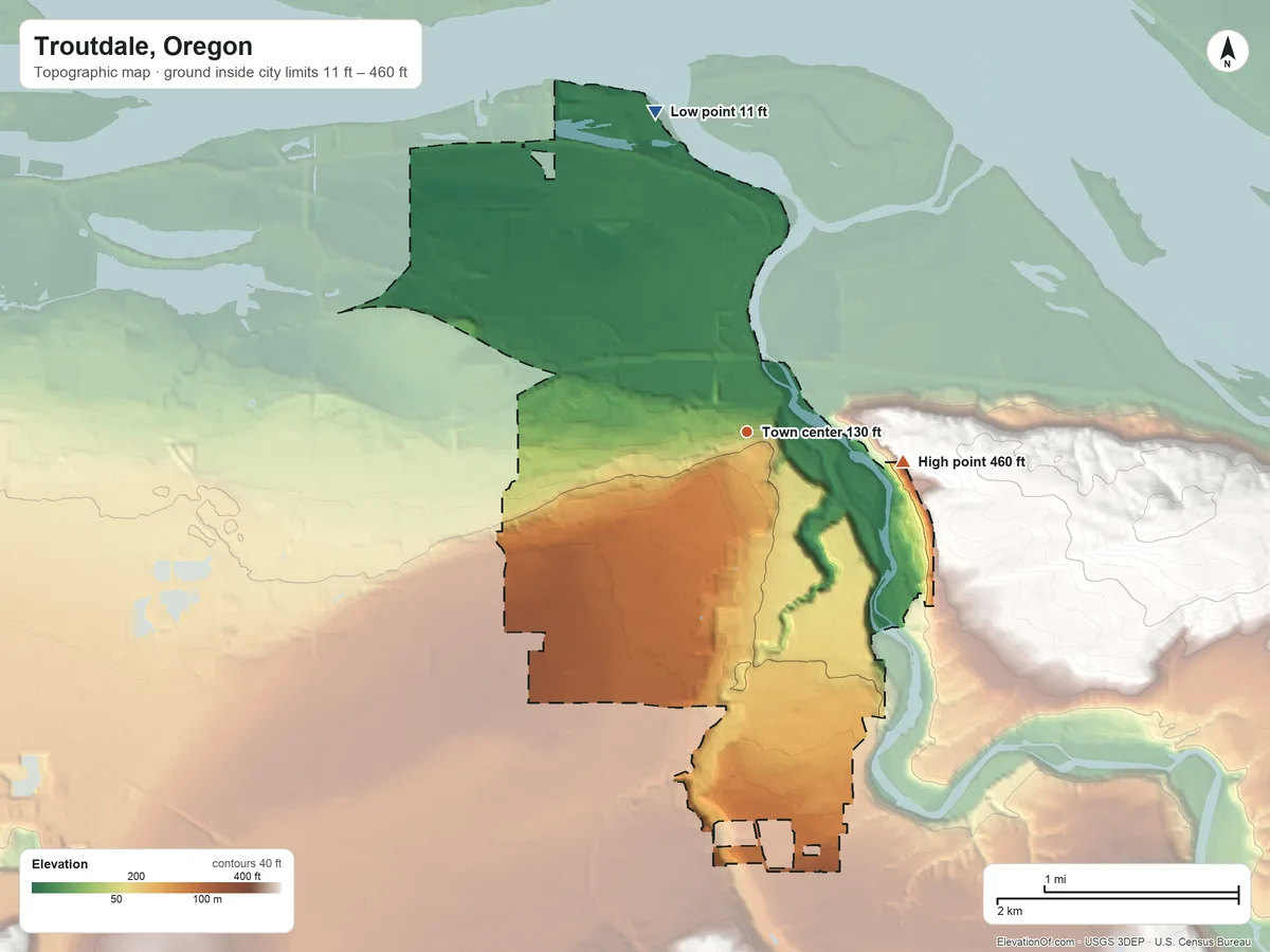 Topographic elevation map of Troutdale, Oregon, shaded from 11 ft on the north side to 460 ft on the east edge, below higher ground just outside