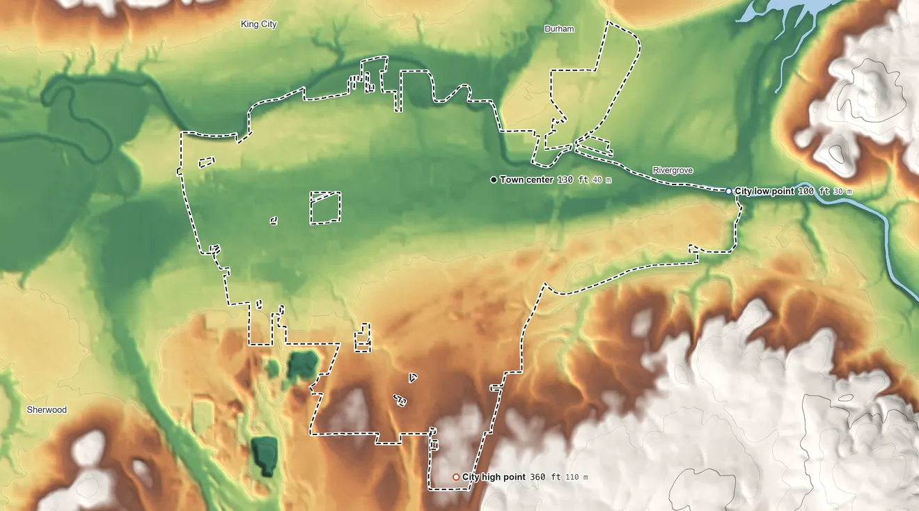 Topographic elevation map of Tualatin, Oregon, shaded from 100 ft on the east side to 360 ft on the south side