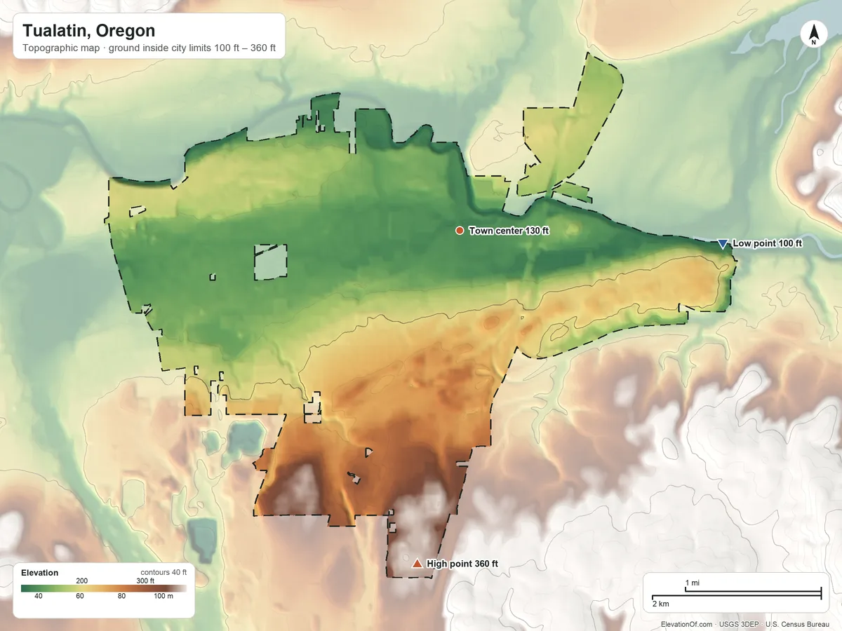 Topographic elevation map of Tualatin, Oregon, shaded from 100 ft on the east side to 360 ft on the south side