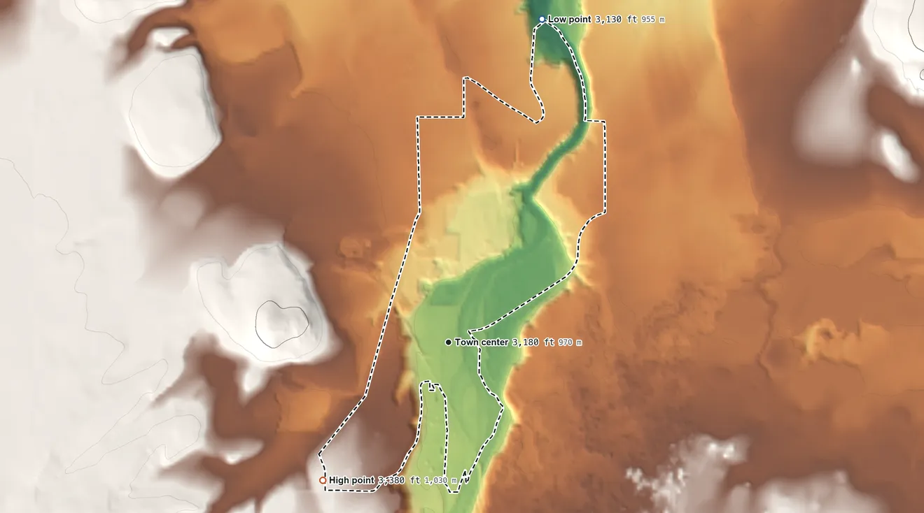 Topographic elevation map of Tumalo, Oregon, shaded from 3,130 ft on the north side to 3,380 ft on the southwest side