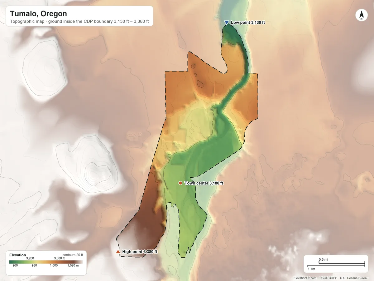 Topographic elevation map of Tumalo, Oregon, shaded from 3,130 ft on the north side to 3,380 ft on the southwest side