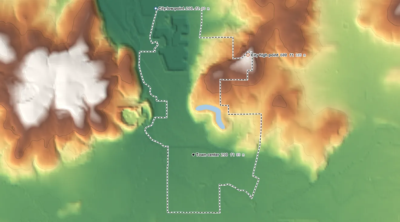 Topographic elevation map of Turner, Oregon, shaded from 260 ft on the north side to 600 ft on the northeast side