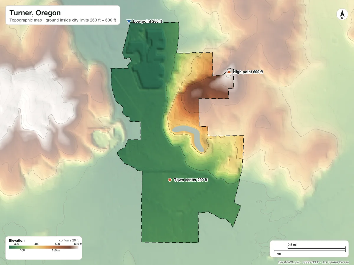 Topographic elevation map of Turner, Oregon, shaded from 260 ft on the north side to 600 ft on the northeast side