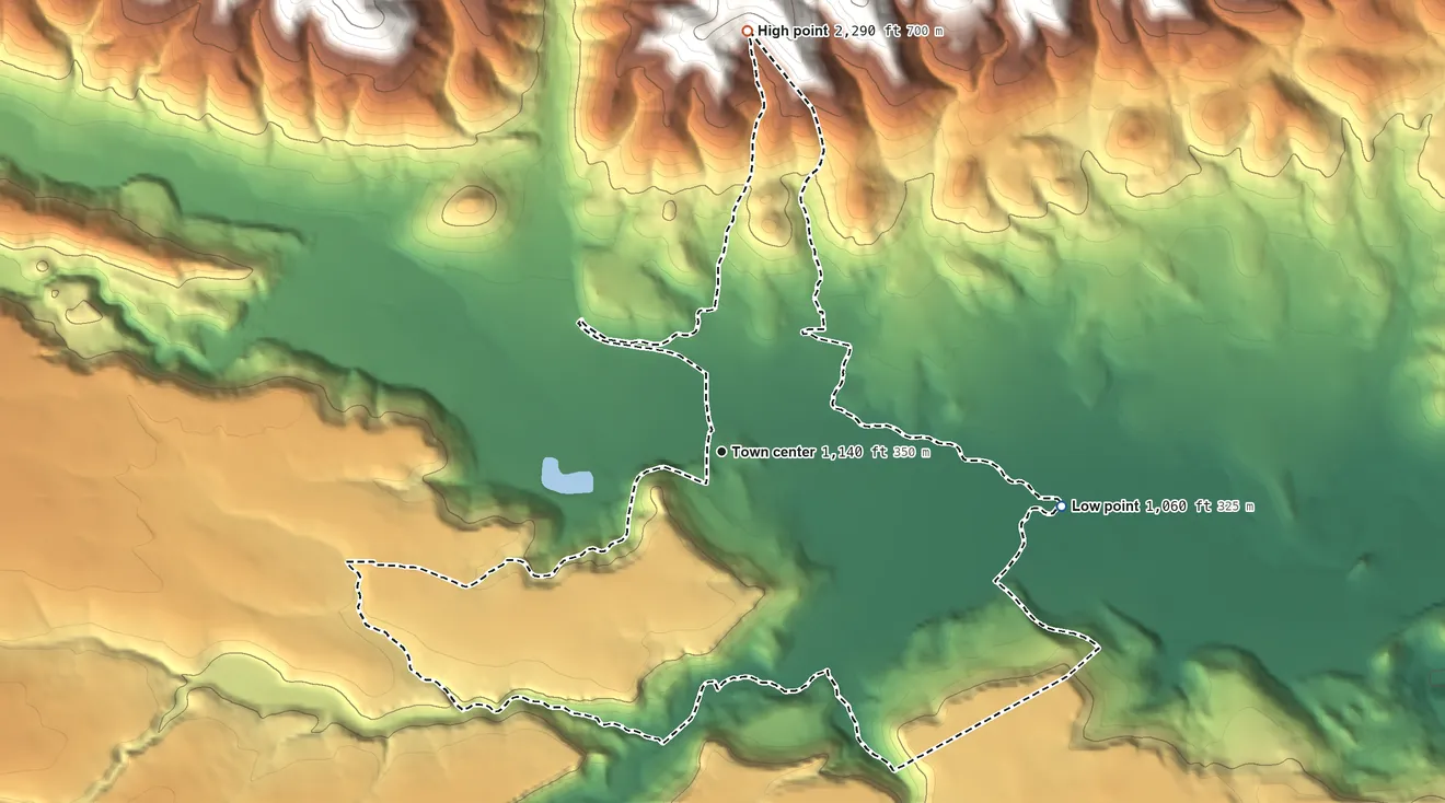 Topographic elevation map of Tygh Valley, Oregon, shaded from 1,060 ft on the east side to 2,290 ft on the north edge, below higher ground just outside