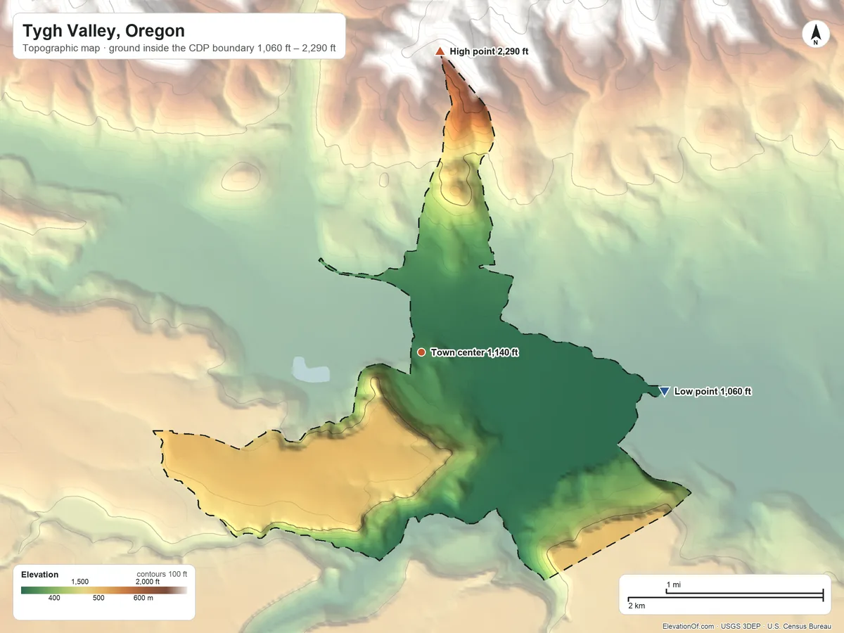 Topographic elevation map of Tygh Valley, Oregon, shaded from 1,060 ft on the east side to 2,290 ft on the north edge, below higher ground just outside