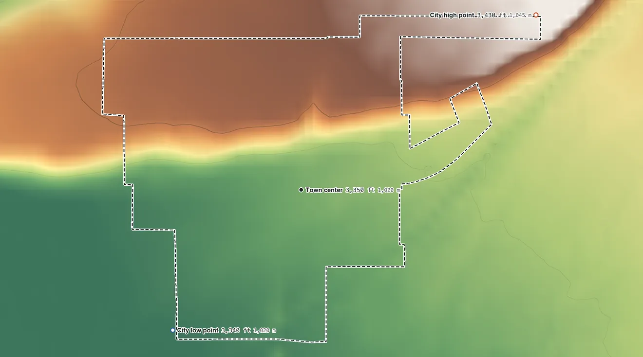 Topographic elevation map of Ukiah, Oregon, shaded from 3,340 ft on the southwest side to 3,430 ft on the northeast edge, below higher ground just outside