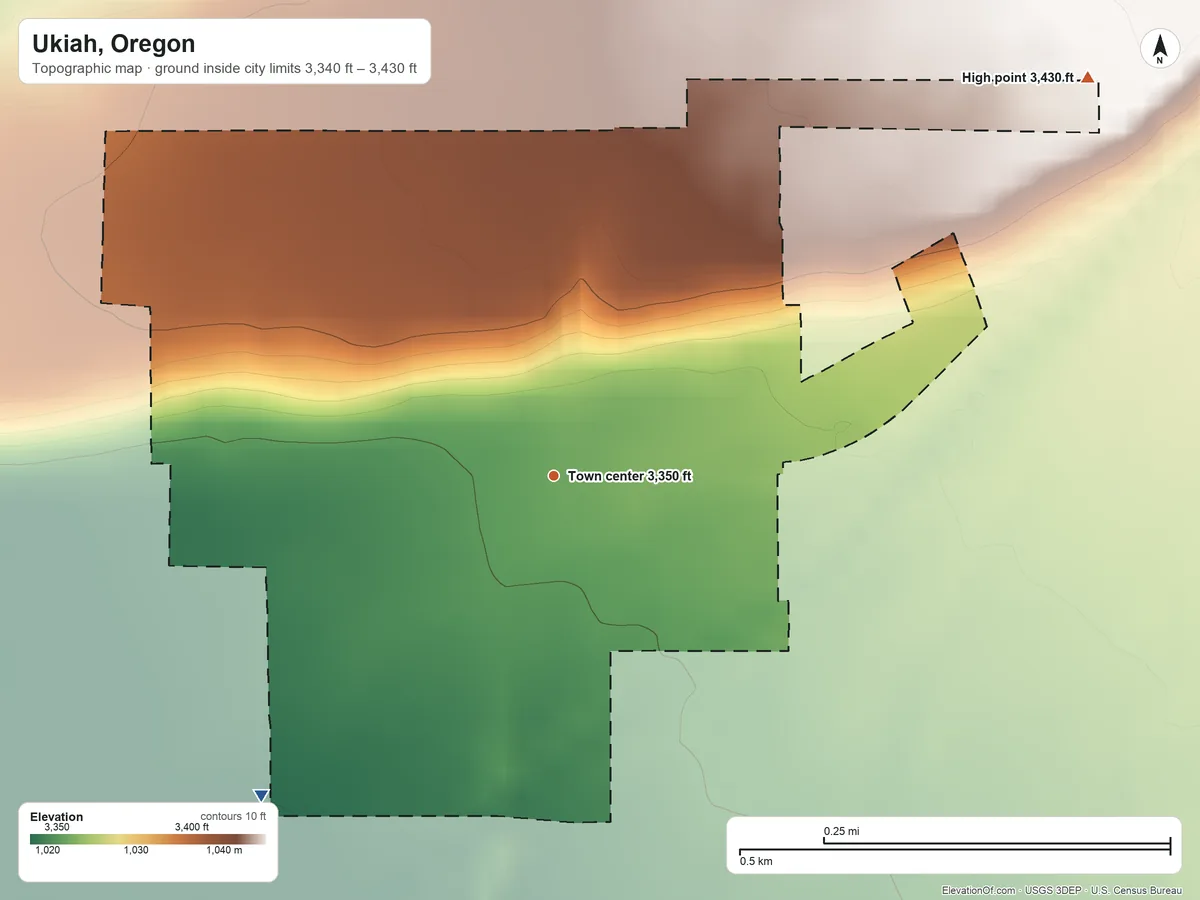 Topographic elevation map of Ukiah, Oregon, shaded from 3,340 ft on the southwest side to 3,430 ft on the northeast edge, below higher ground just outside