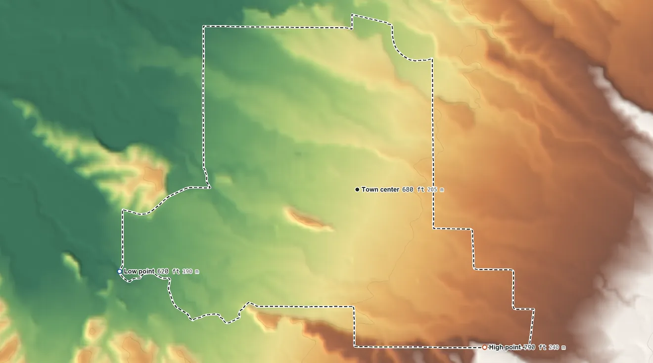 Topographic elevation map of Umapine, Oregon, shaded from 620 ft on the west side to 790 ft on the southeast edge, below higher ground just outside