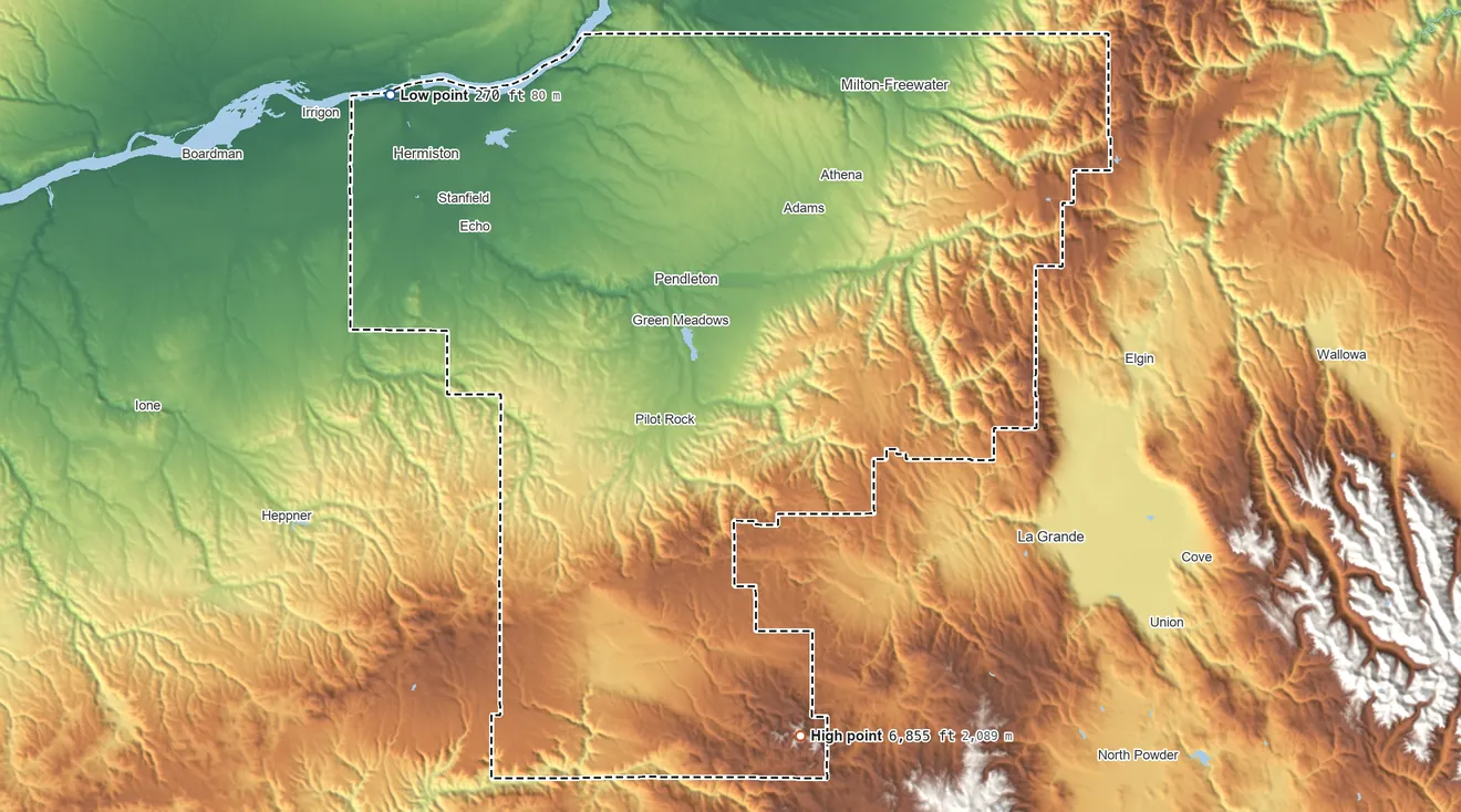 Topographic elevation map of Umatilla County, Oregon, shaded from 270 ft on the northwest side to 6,855 ft on Tower Mountain