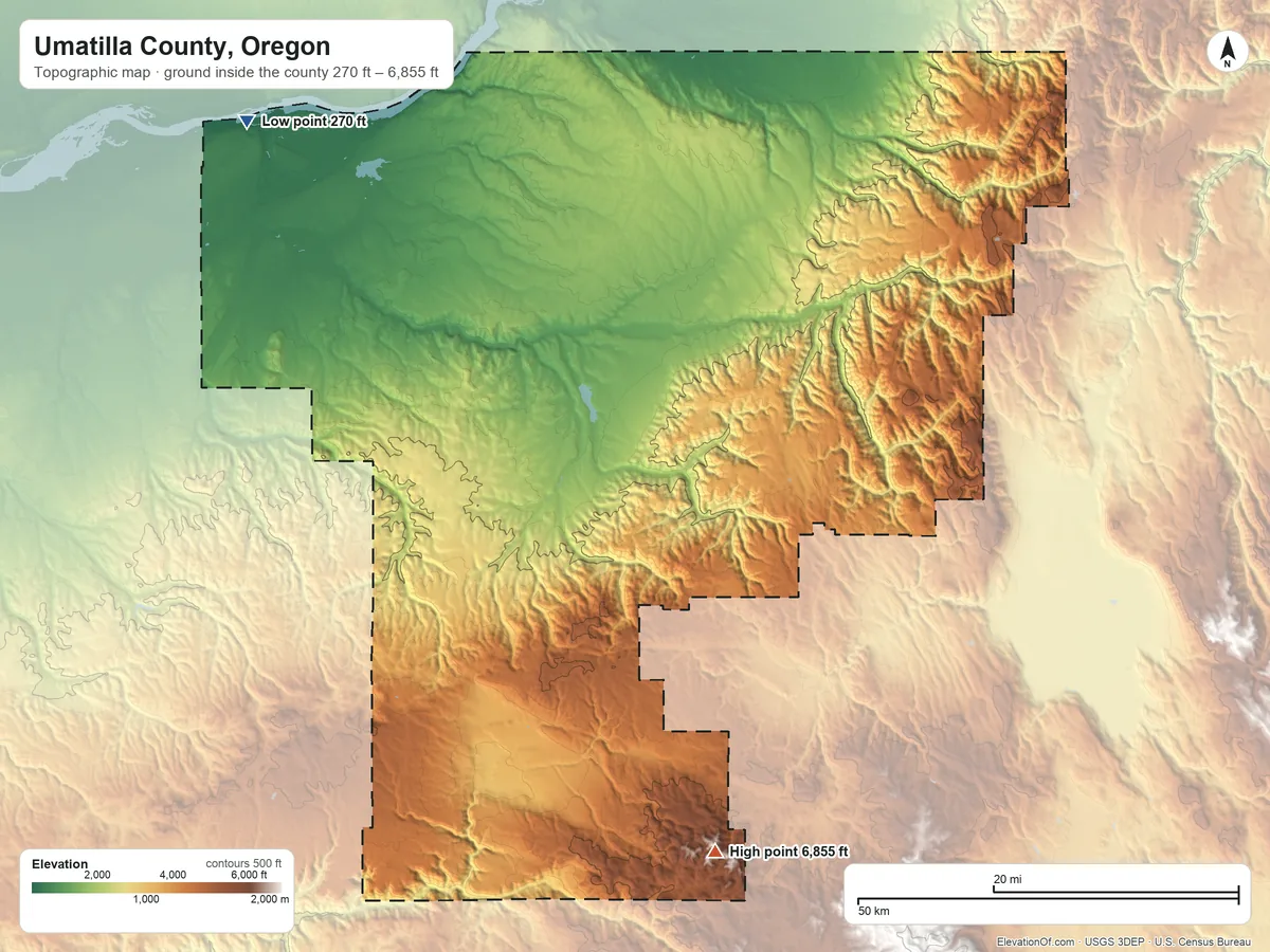 Topographic elevation map of Umatilla County, Oregon, shaded from 270 ft on the northwest side to 6,855 ft on Tower Mountain