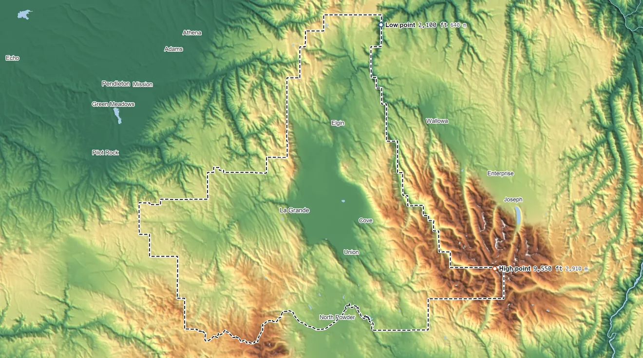 Topographic elevation map of Union County, Oregon, shaded from 2,100 ft on the north side to 9,550 ft on Eagle Cap
