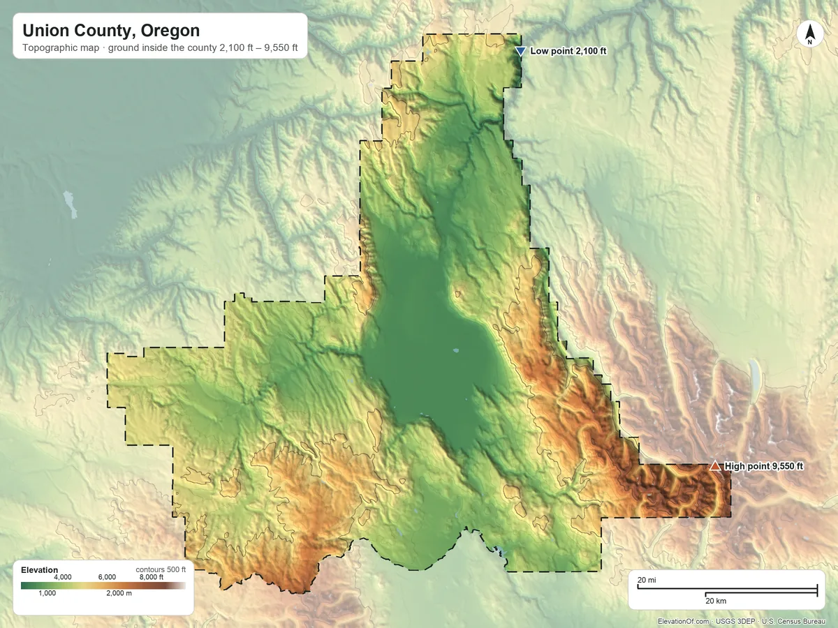 Topographic elevation map of Union County, Oregon, shaded from 2,100 ft on the north side to 9,550 ft on Eagle Cap