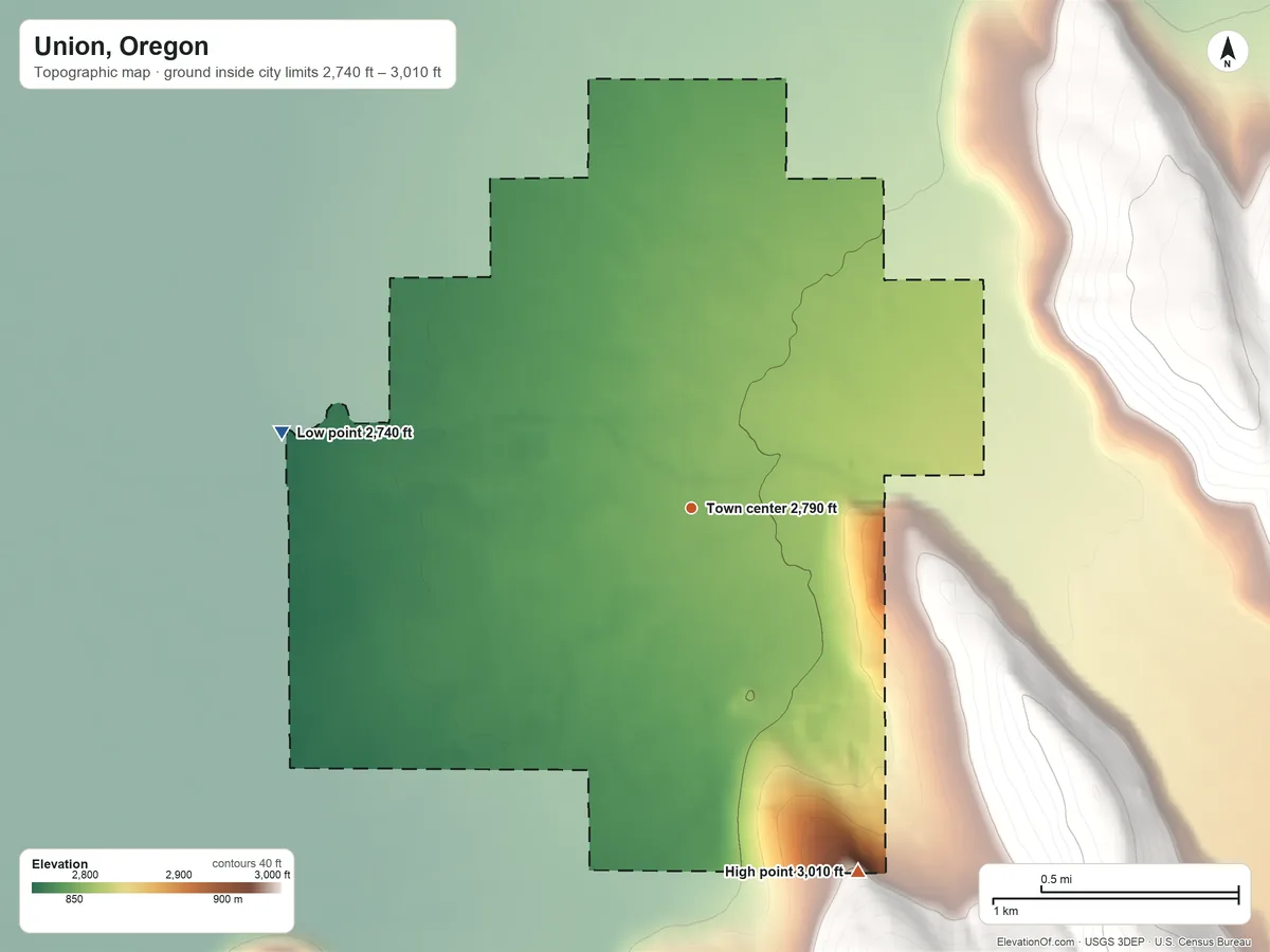Topographic elevation map of Union, Oregon, shaded from 2,740 ft on the west side to 3,010 ft on the southeast edge, below higher ground just outside