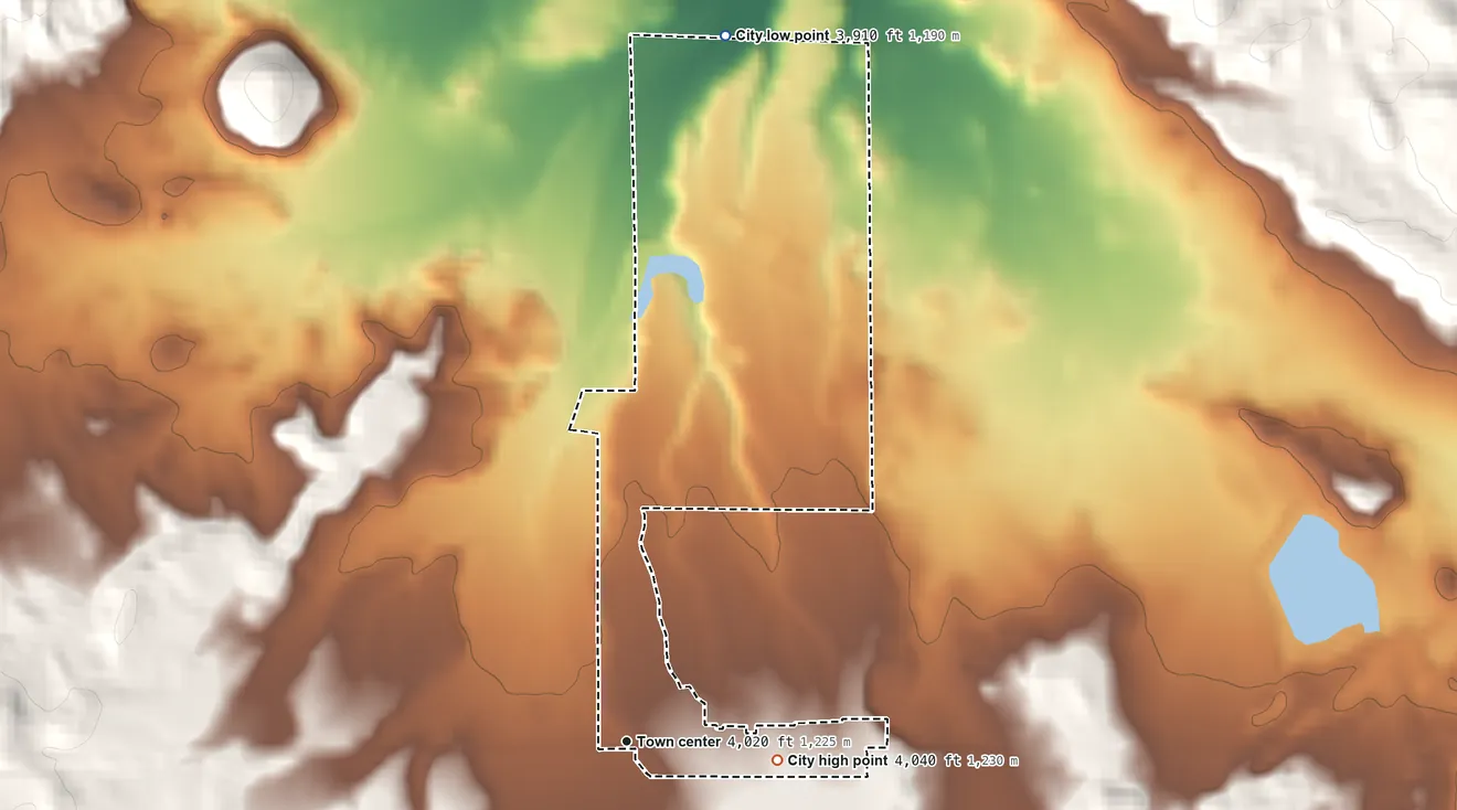 Topographic elevation map of Unity, Oregon, shaded from 3,910 ft on the north side to 4,040 ft on the east edge, below higher ground just outside