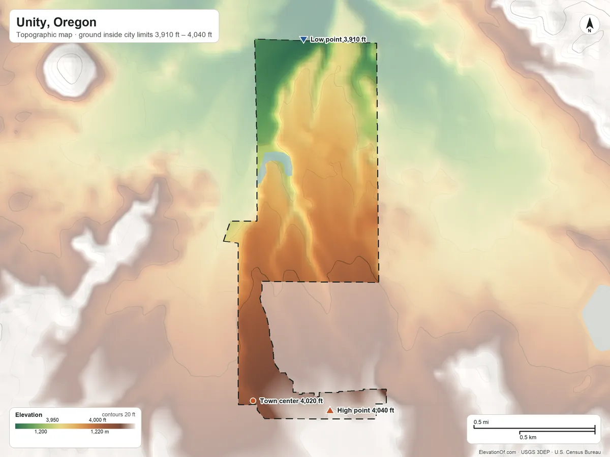 Topographic elevation map of Unity, Oregon, shaded from 3,910 ft on the north side to 4,040 ft on the east edge, below higher ground just outside