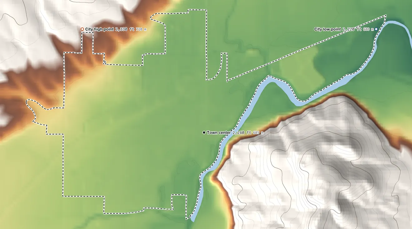 Topographic elevation map of Vale, Oregon, shaded from 2,220 ft on the northeast side to 2,330 ft on the northwest edge, below higher ground just outside