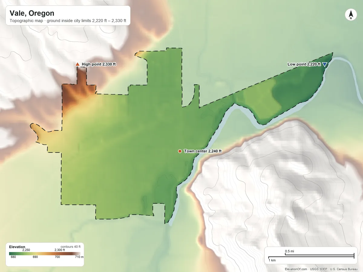 Topographic elevation map of Vale, Oregon, shaded from 2,220 ft on the northeast side to 2,330 ft on the northwest edge, below higher ground just outside