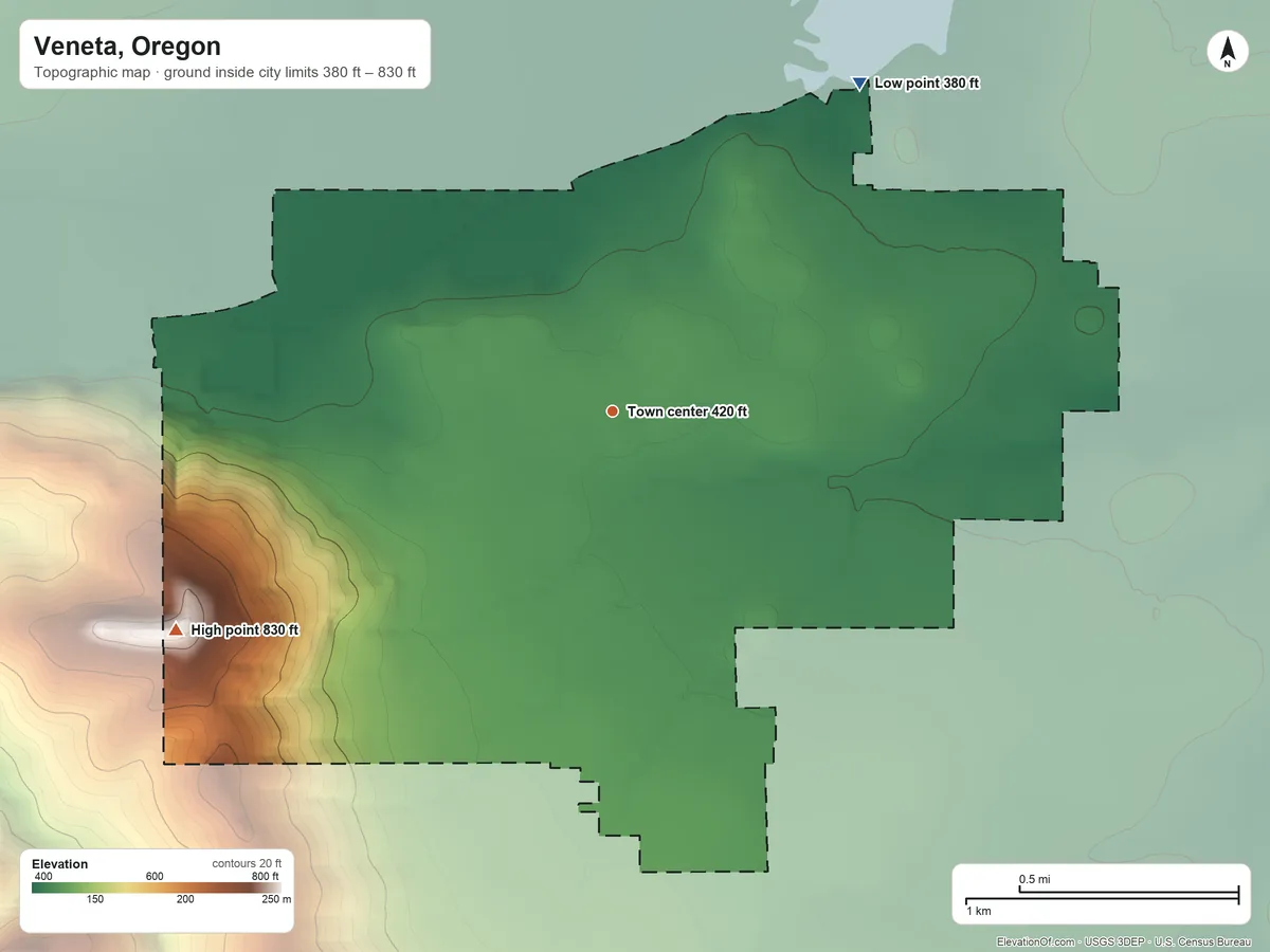 Topographic elevation map of Veneta, Oregon, shaded from 380 ft on the northeast side to 830 ft on Bolton Hill