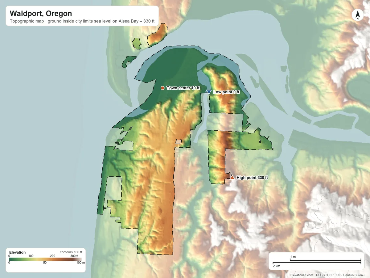 Topographic elevation map of Waldport, Oregon, shaded from sea level level on Alsea Bay to 330 ft on the southeast edge, below higher ground just outside