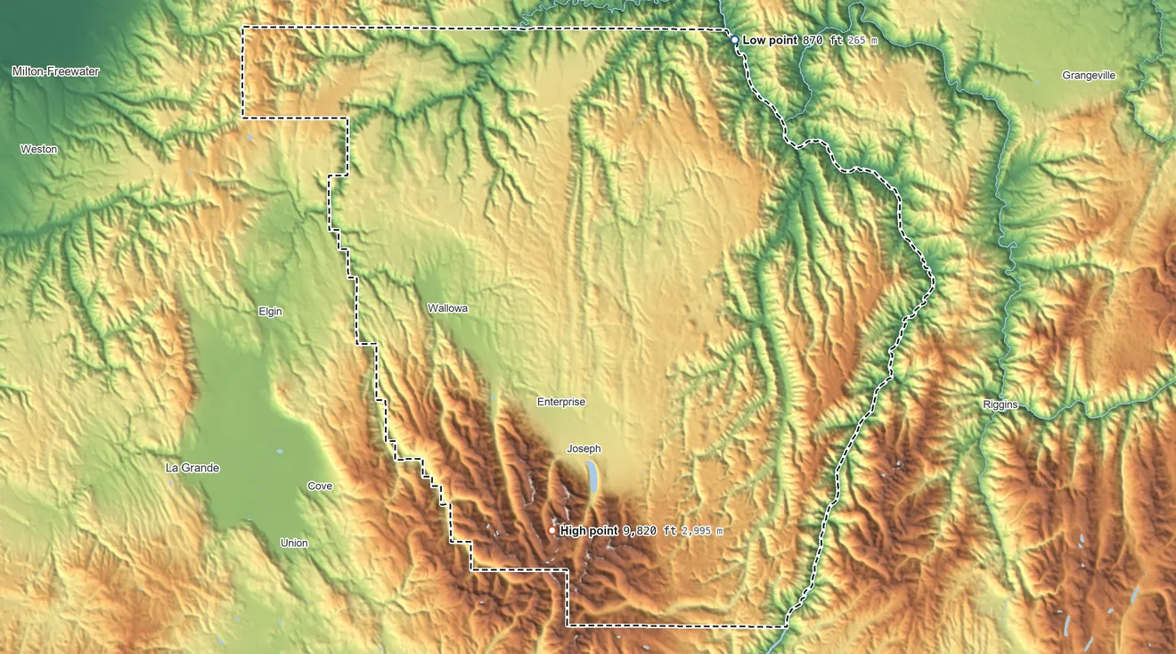 Topographic elevation map of Wallowa County, Oregon, shaded from 870 ft on the northeast side to 9,820 ft on Matterhorn