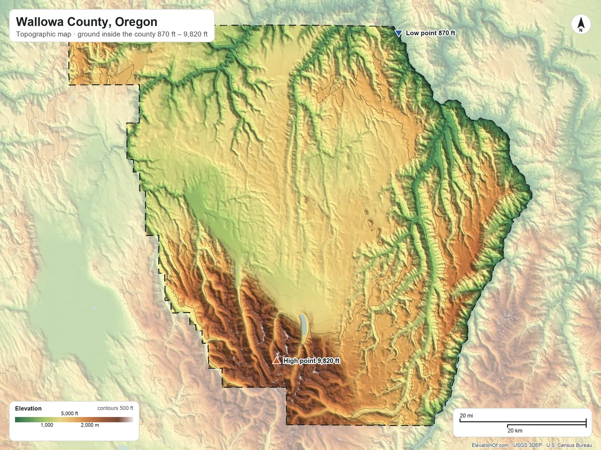 Topographic elevation map of Wallowa County, Oregon, shaded from 870 ft on the northeast side to 9,820 ft on Matterhorn