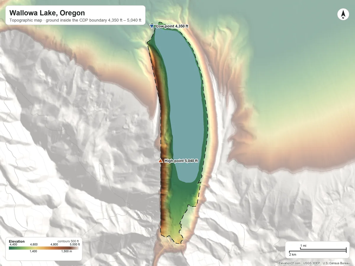 Topographic elevation map of Wallowa Lake, Oregon, shaded from 4,350 ft on the north side to 5,040 ft at the foot of the Wallowa Mountains