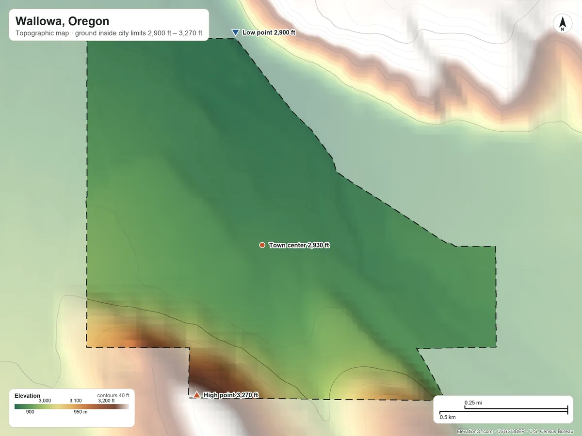 Topographic elevation map of Wallowa, Oregon, shaded from 2,900 ft on the north side to 3,270 ft on the southwest edge, below higher ground just outside