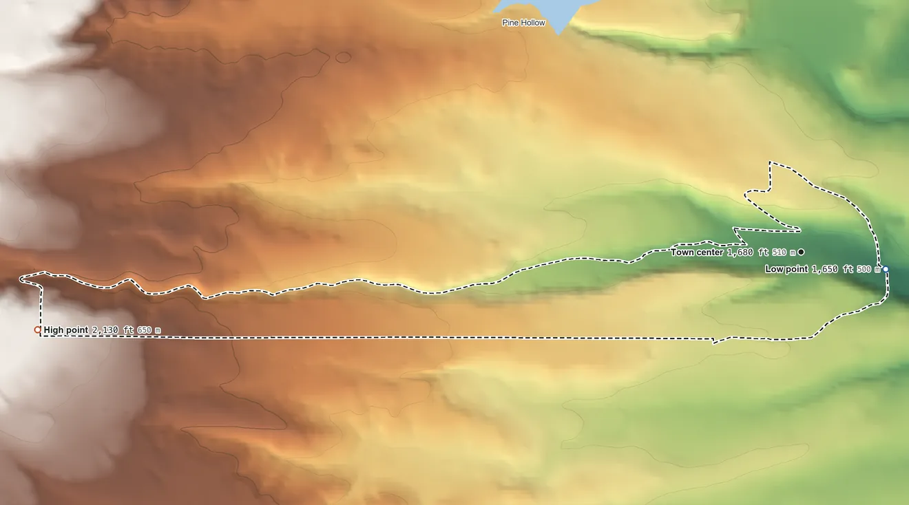 Topographic elevation map of Wamic, Oregon, shaded from 1,650 ft near the middle to 2,130 ft on the west side
