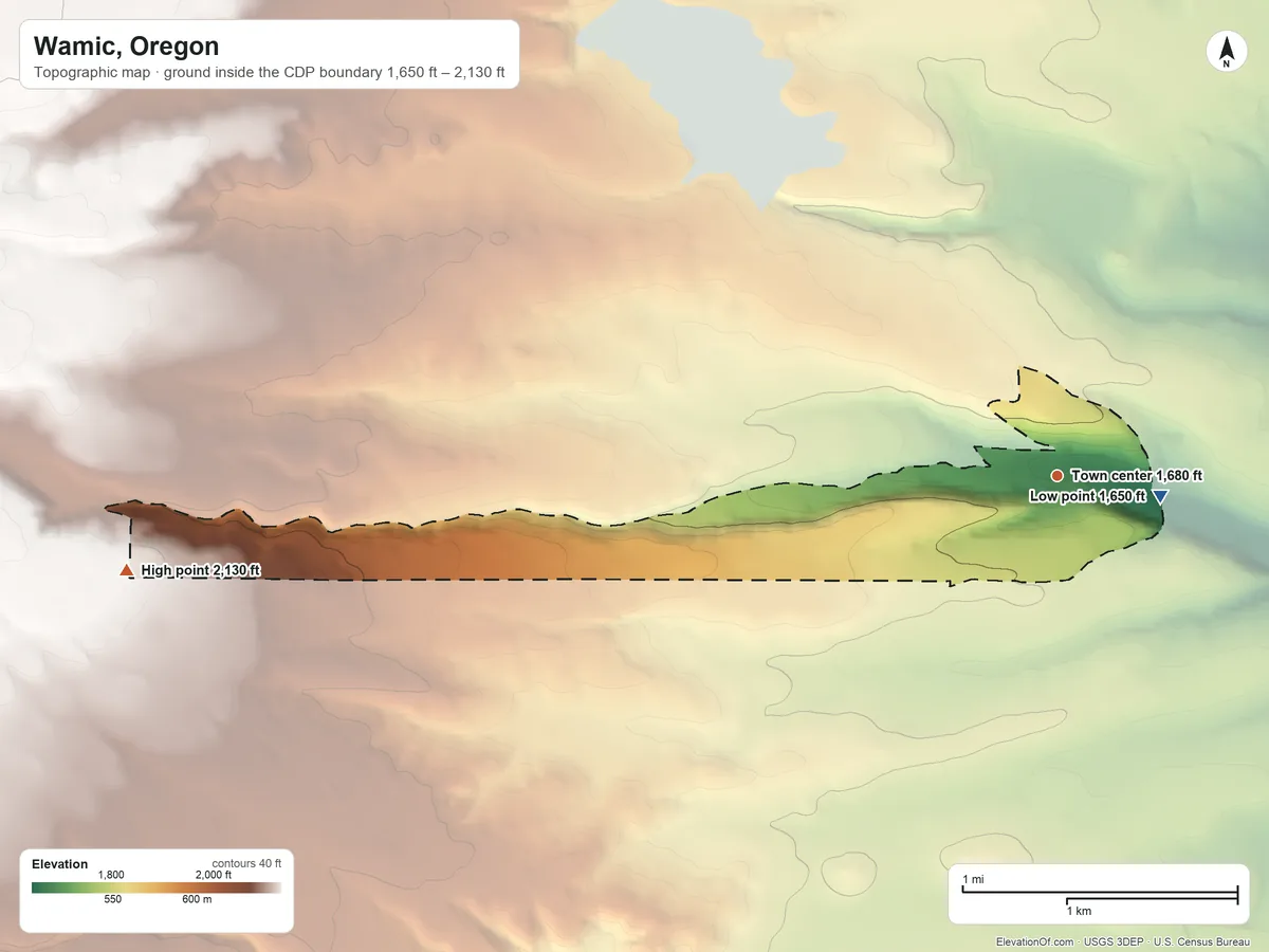 Topographic elevation map of Wamic, Oregon, shaded from 1,650 ft near the middle to 2,130 ft on the west side
