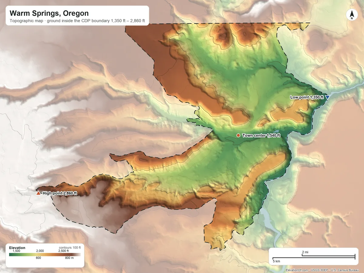 Topographic elevation map of Warm Springs, Oregon, shaded from 1,350 ft on the northeast side to 2,860 ft on the west side