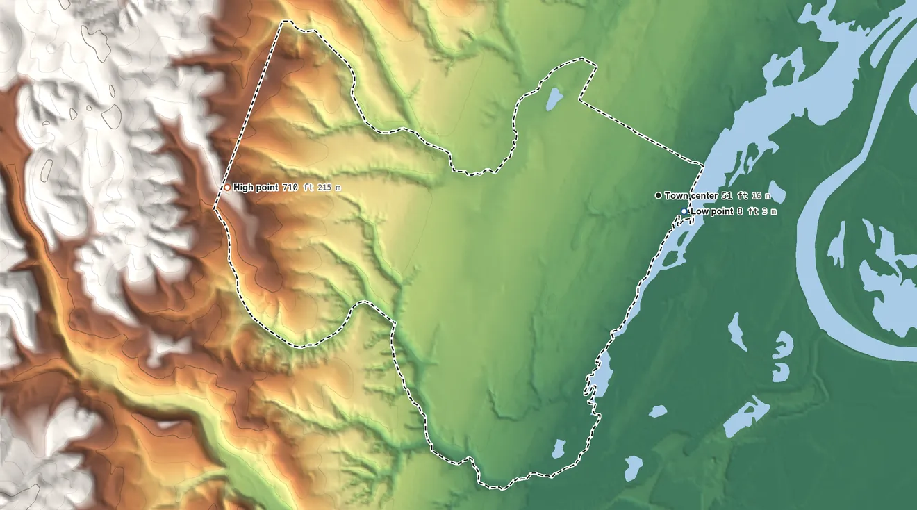 Topographic elevation map of Warren, Oregon, shaded from 8 ft near the middle to 710 ft on the west side