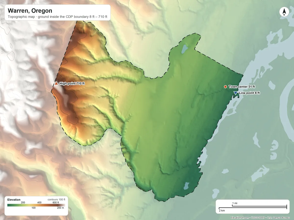 Topographic elevation map of Warren, Oregon, shaded from 8 ft near the middle to 710 ft on the west side