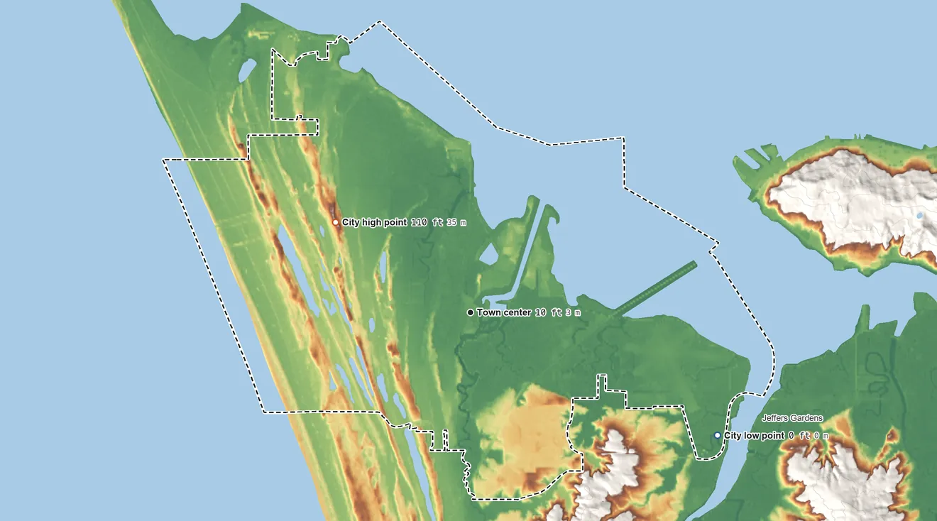 Topographic elevation map of Warrenton, Oregon, shaded from sea level level on Youngs Bay to 110 ft on the northwest side
