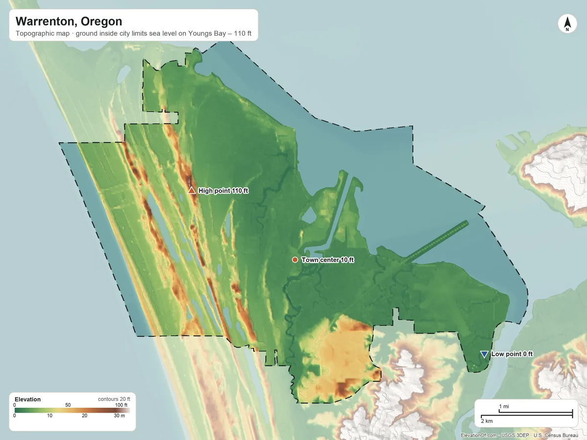 Topographic elevation map of Warrenton, Oregon, shaded from sea level level on Youngs Bay to 110 ft on the northwest side