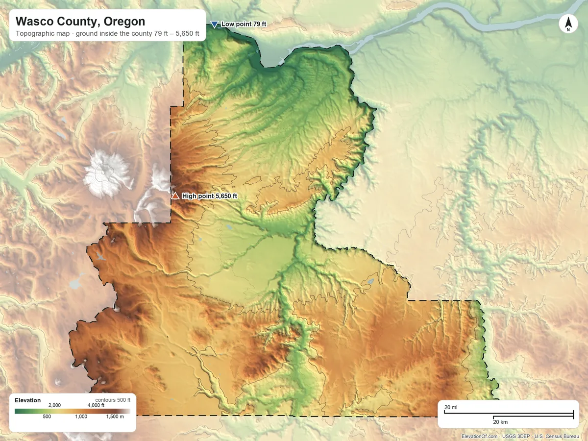 Topographic elevation map of Wasco County, Oregon, shaded from 79 ft on the north side to 5,650 ft on the west side
