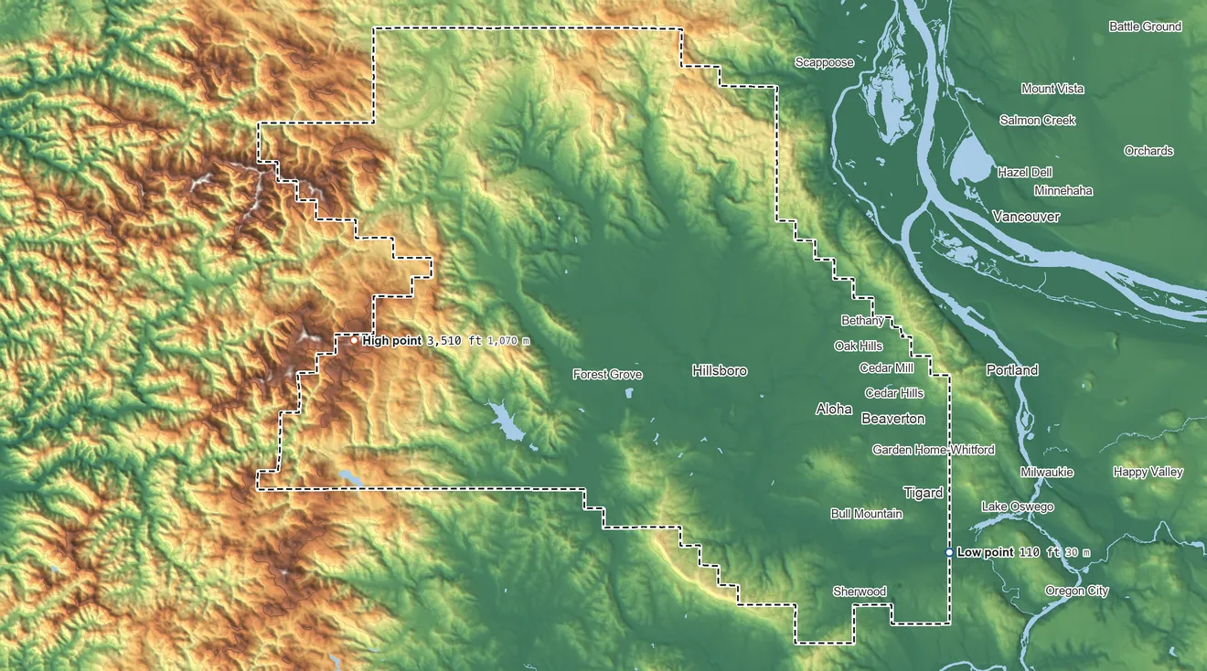 Topographic elevation map of Washington County, Oregon, shaded from 110 ft on the southeast side to 3,510 ft on the west side