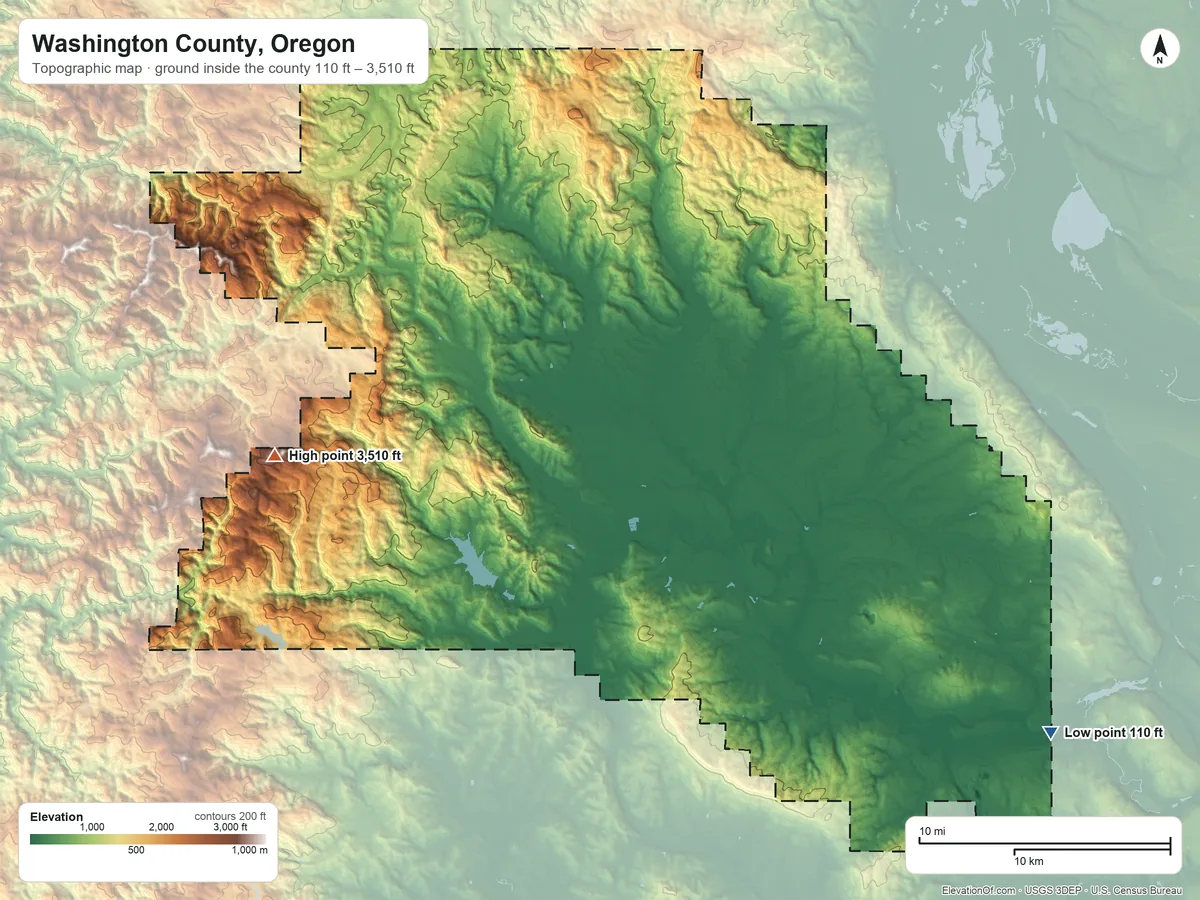 Topographic elevation map of Washington County, Oregon, shaded from 110 ft on the southeast side to 3,510 ft on the west side