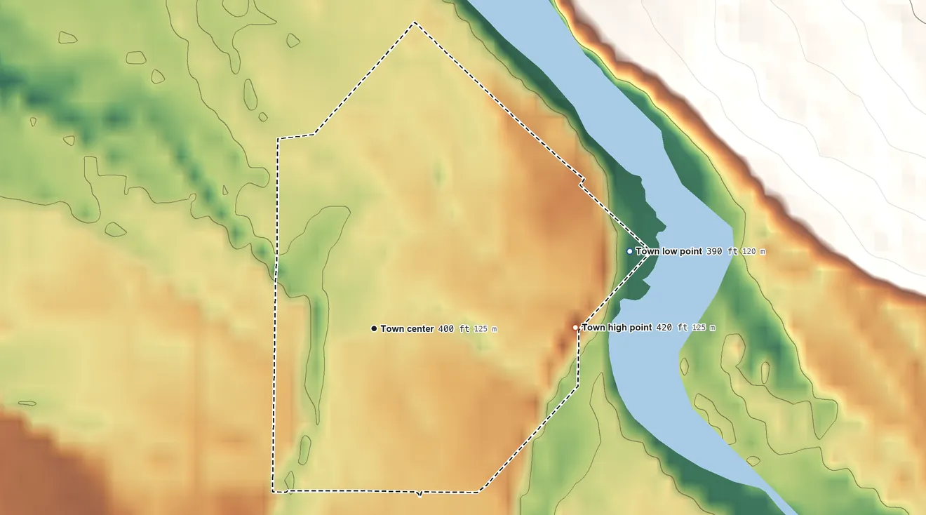 Topographic elevation map of Waterloo, Oregon, shaded from 390 ft on the east side to 420 ft on the east edge, below higher ground just outside